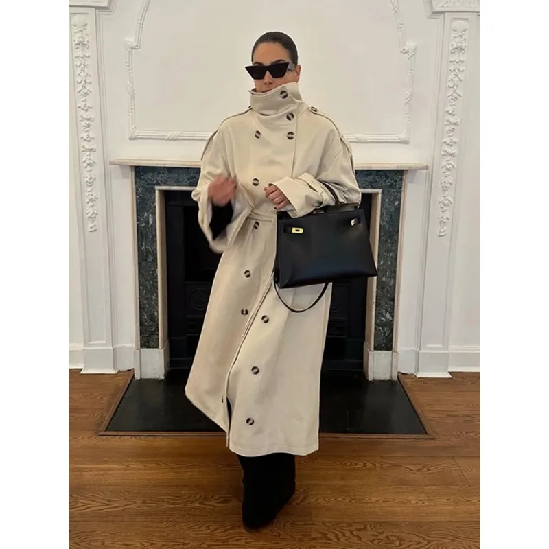 النمط البريطاني لون نقي مزدوج الصدر معطف طويل المرأة الخريف / الشتاء الوافدين الجدد