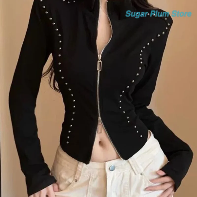American Street Fashion Autumn Women's New Slim Lapel Zipper Shirt Silver Rivet Waist Slim Personality Comfortable Commuter Coat