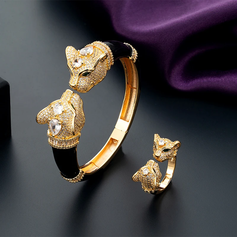 Ms High Quality Jet Leopard Animal Fashion Bangle Wtih Ring Women‘s Bridal Jewelry set Fine AAA Cubic Zirconia Bangle Bracelet