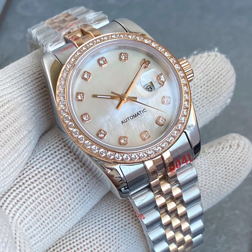 BLIGER Rose Gold 31mm Shell Dial Lady Watches NH05 Automatic Movt Watch Women Diamond Bezel Ring Sapphire Glass Luxury Clock