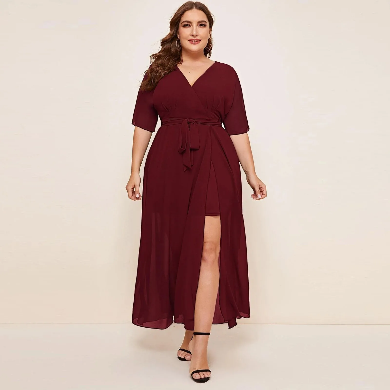

Oversize Lace Up Dress Women Casual Chiffon Boho Solid Short Sleeve Streetwear Holiday Sundress Self Belted Wrap Dress Plus Size