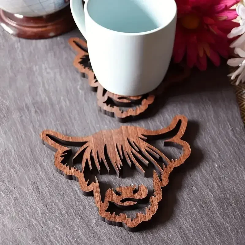 1Pc Wooden Coaster Highland Cow style Hollowed Out Wooden Anti Slip Cup Mat Anti Scald And Heat Insulation Pad