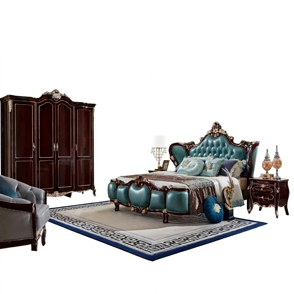 #Luxury European Antique Royal French Beech Wood Gold Leaf Italy Fabric Full Bed Bedroom Furniture Set for Apartment & Hotel Use