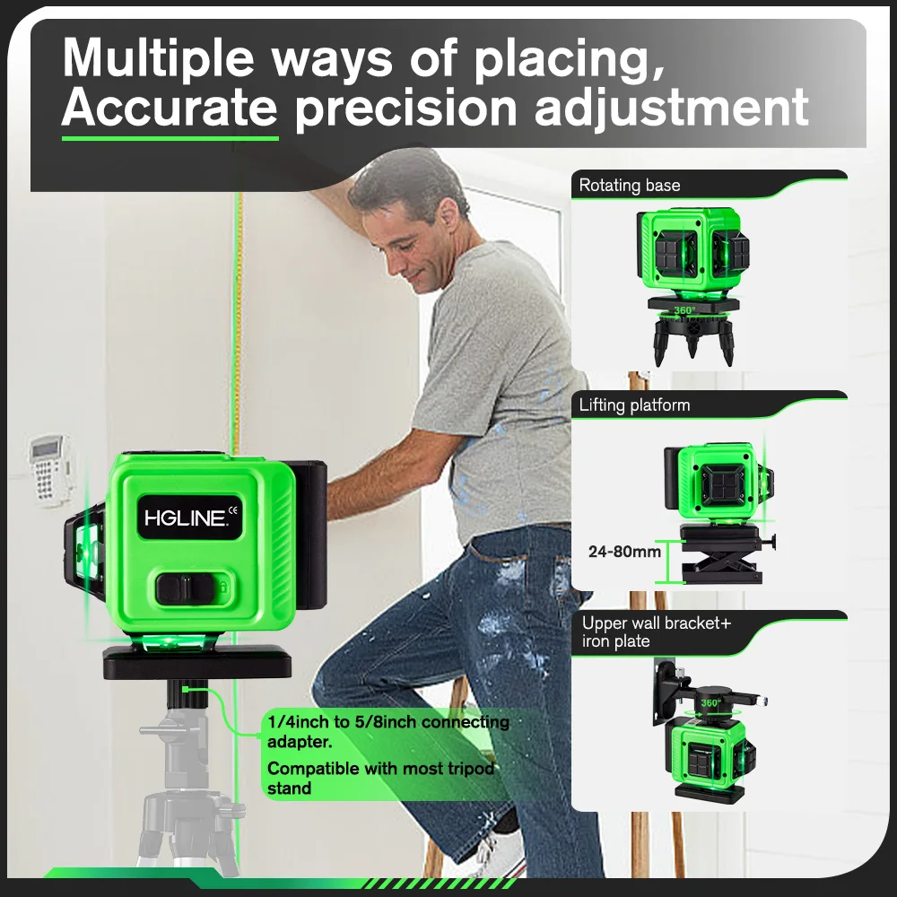 HGLINE 12 Lines 3D Laser Level Green Line Self-Leveling 360ยฐ Horizontal Vertical Super Power Laser Level with Remote Control