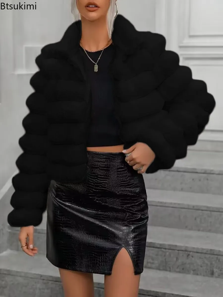 2025 New Autumn Winter Women Faux Fur Jacket Solid Color Stand Collar Faux Fur Short Coat Fashion Luxury Coat Female Streetwear