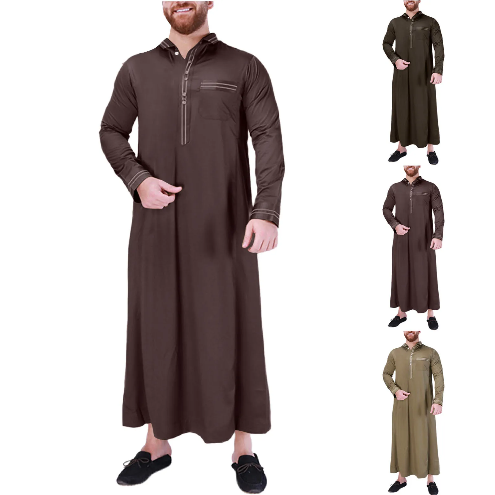 Mens Muslim Robe Summer Casual Stand Neck Solid Color Middle East Arab Long Sleeve Ethnic Style Robe Jubba Thobe Male Abaya Robe