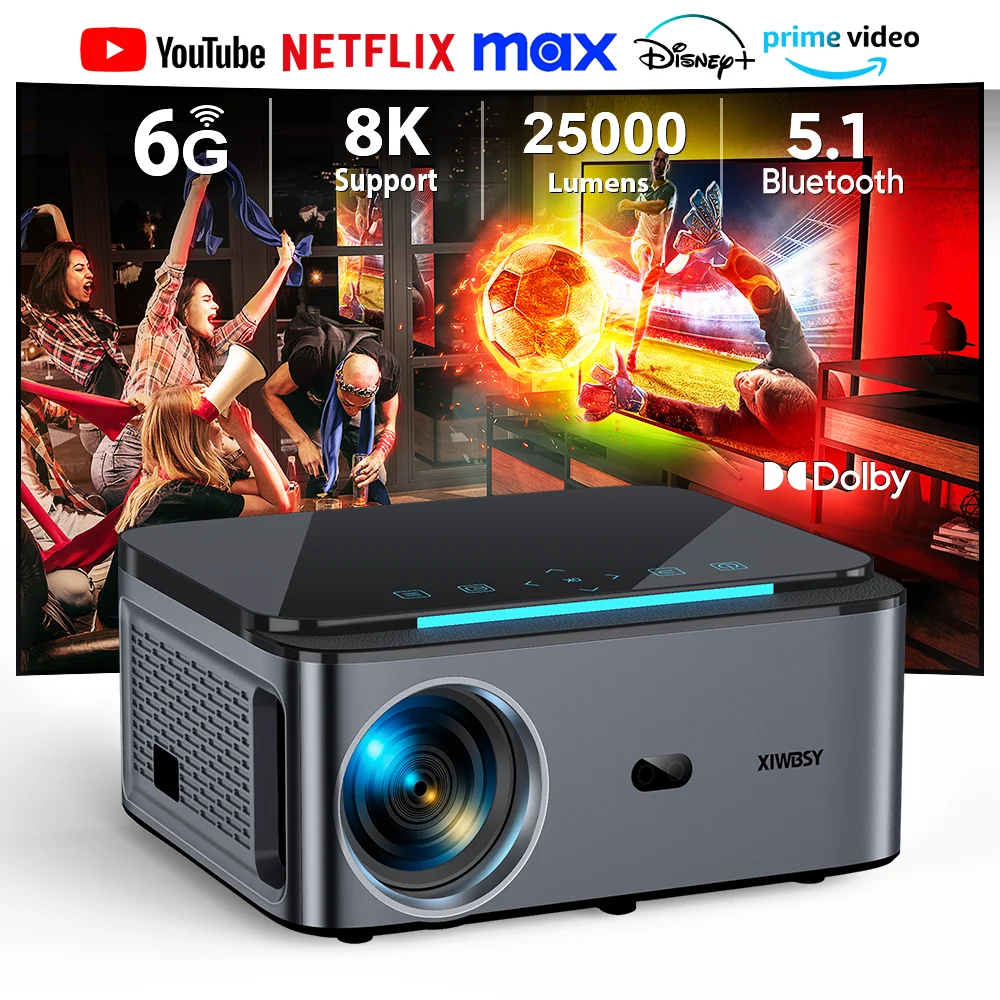 

XIWBSY 25000 Lumens Android 4K Projector 1080P Native WiFi6 Auto Focus/Keystone Projector Office Home Theater Beamer Proyector