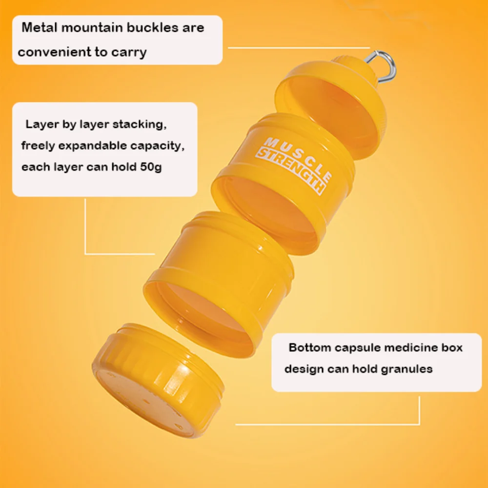 1/2/3-layer Plastic Protein Powder Box Portable with Mountaineering Buckle Funnel Fitness Supplement Bottle Layered Storage