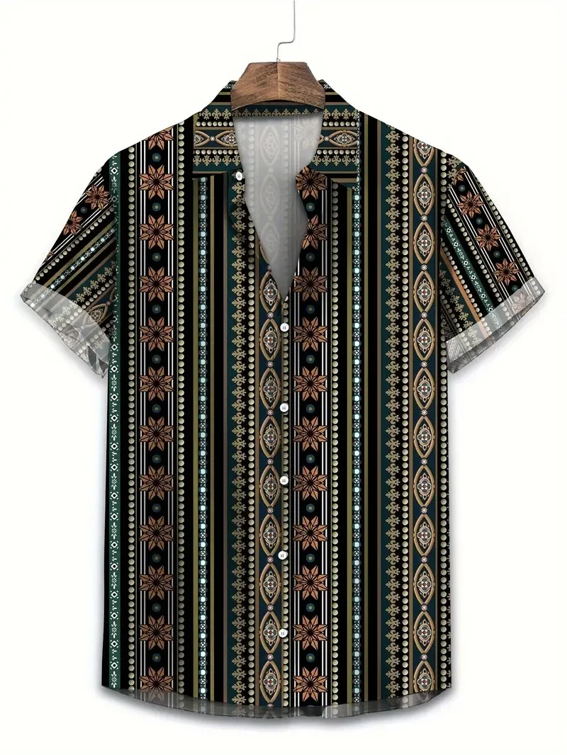 

Summer Hawaiian Men's Shirt, Retro Ethnic Style3D Print Short Sleeve Single-Breasted Button Loose Fit Suitable for Everyday Wear