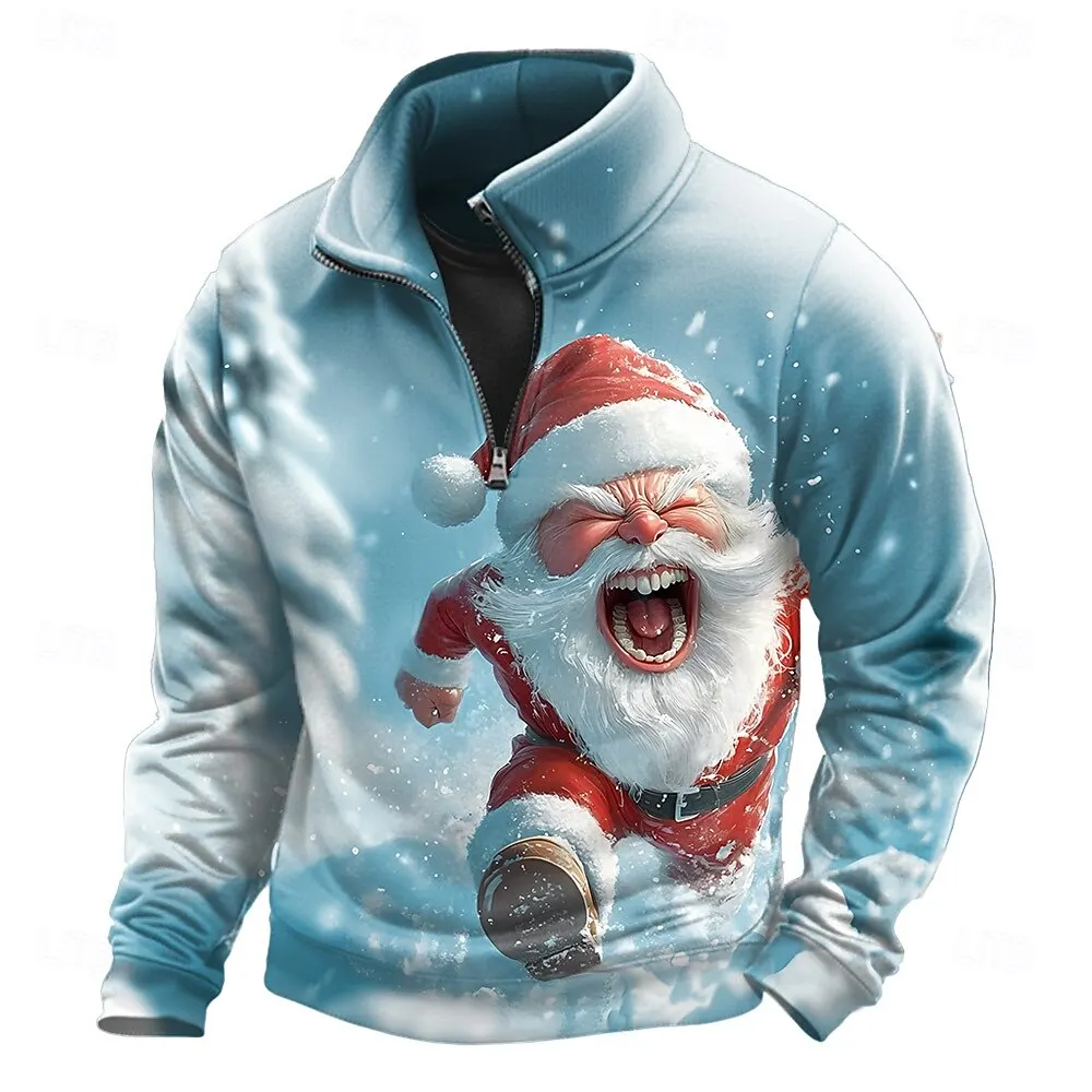 

Exaggerated Santa Clause Graphic Zipper Sweatshirts 3D Print Half Zip Long Sleeve Pullover Autumn Winter Christmas Theme Clothes