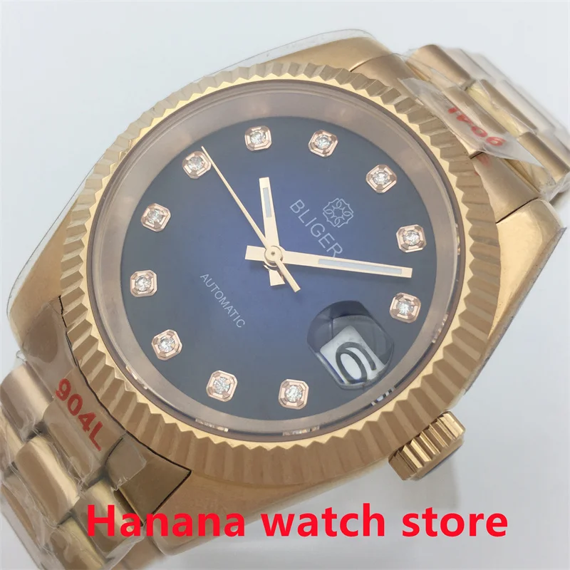 

BLIGER 36mm 39mm NH35A Automatic Men's Watch Blue Dial Diamond Index Sapphire Glass rose Gold Notched Bezel Presidential Bracele