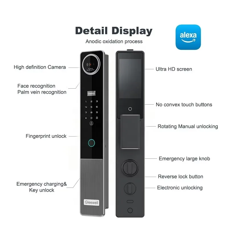 

Newly Upgraded Alexa Smart Lock Face Recognition Palm Vein Biometric Fingerprint Tuya Camera Intelligent Voice Smart Door Lock