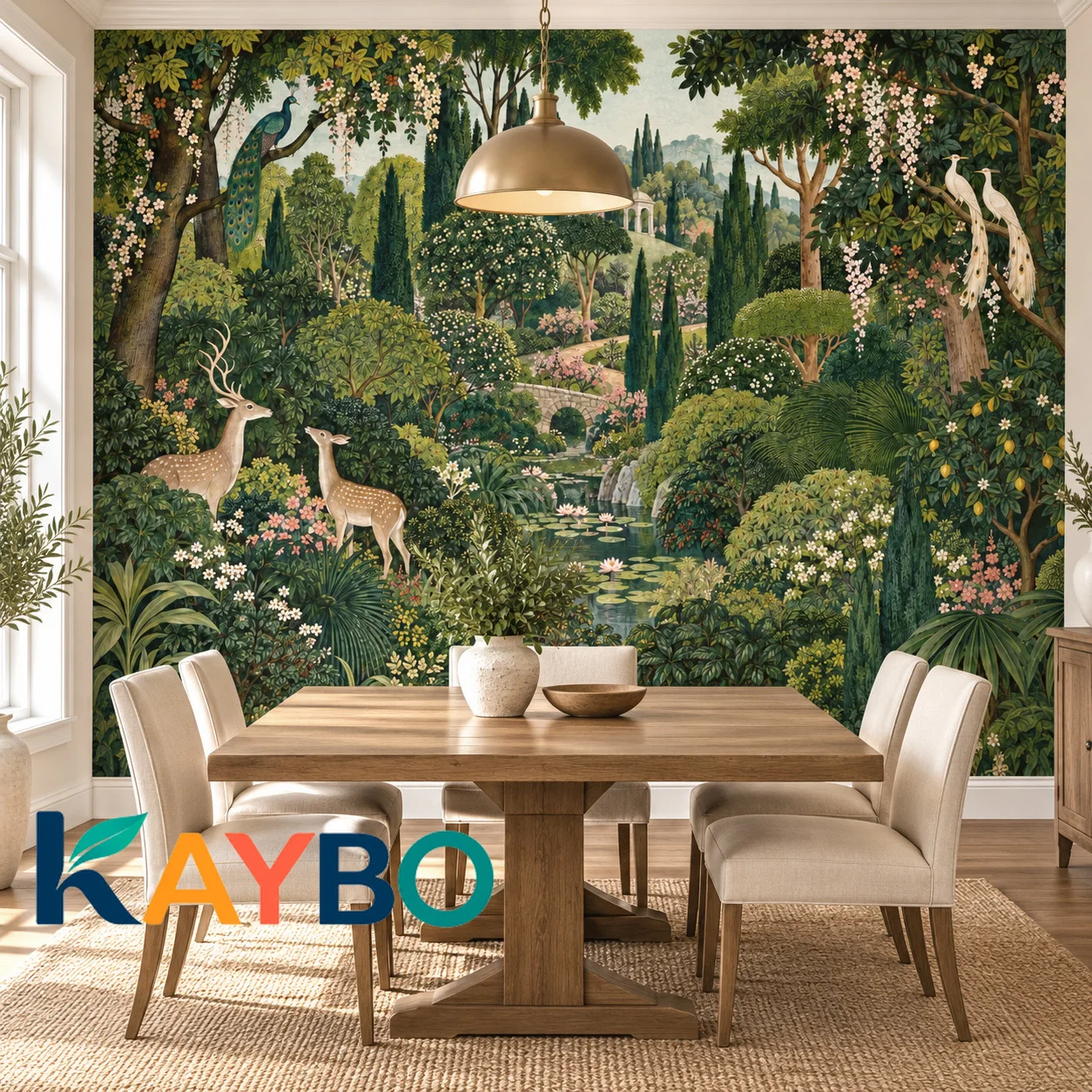 Botanical Garden Wall Mural Peacock Deer Forest Landscape Wallpaper Vintage Nature Home Decor Large Non Self Adhesive Wall Mural