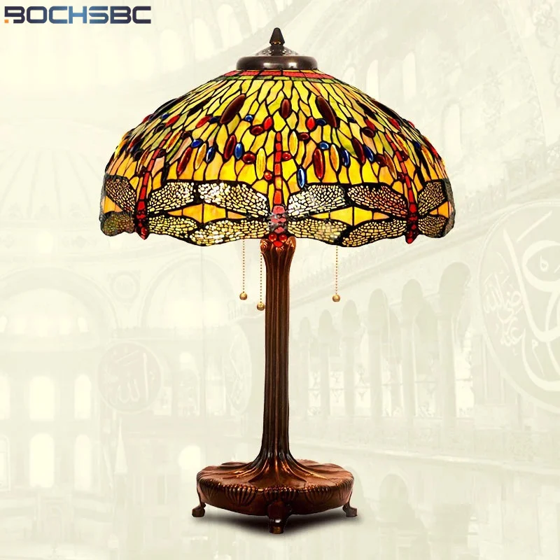 

BOCHSBC Tiffany Style Desk Light Rose Tulip Dragonfly Wisteria Stained Glass Table Lamp Copper Tree Frame Decor 20 Inch Shade