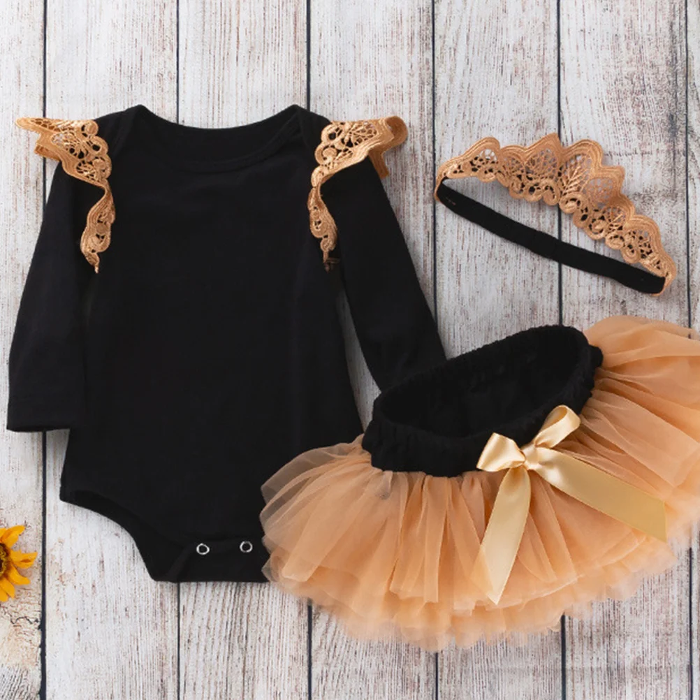 

1 комплект, комбинезон для маленьких девочек, юбка с длинными рукавами, милый наряд, дышащая повязка на голову из полиэстера и хлопка, одежда для новорожденных девочек, подарок для детского душа