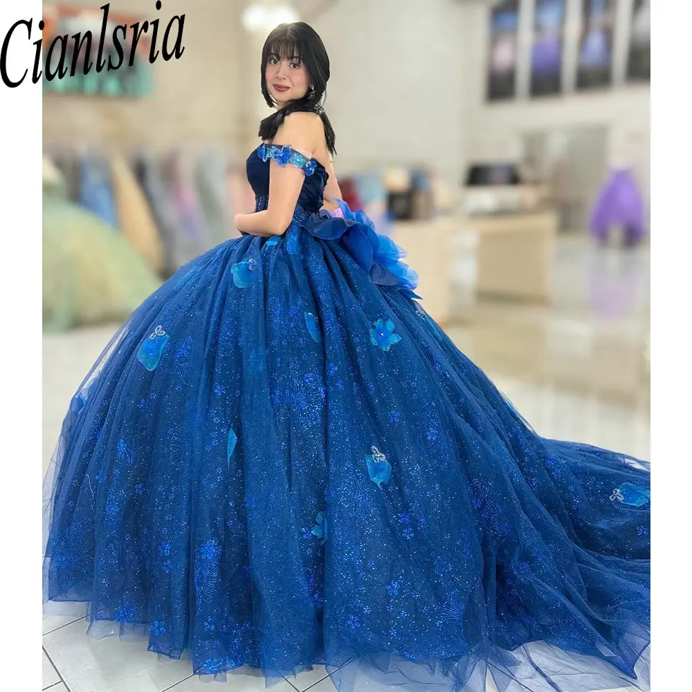 Vestido De quinceañera azul oscuro con lentejuelas y purpurina, vestido De baile De cristal, hombros descubiertos, corsé con flores 3D, 15 Años