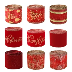 1Roll Christmas Ribbons Gold Red Wire Edge for DIY Xmas Tree Decoration Gift Wrapping Wreath Bows New Year Party Crafts Decor