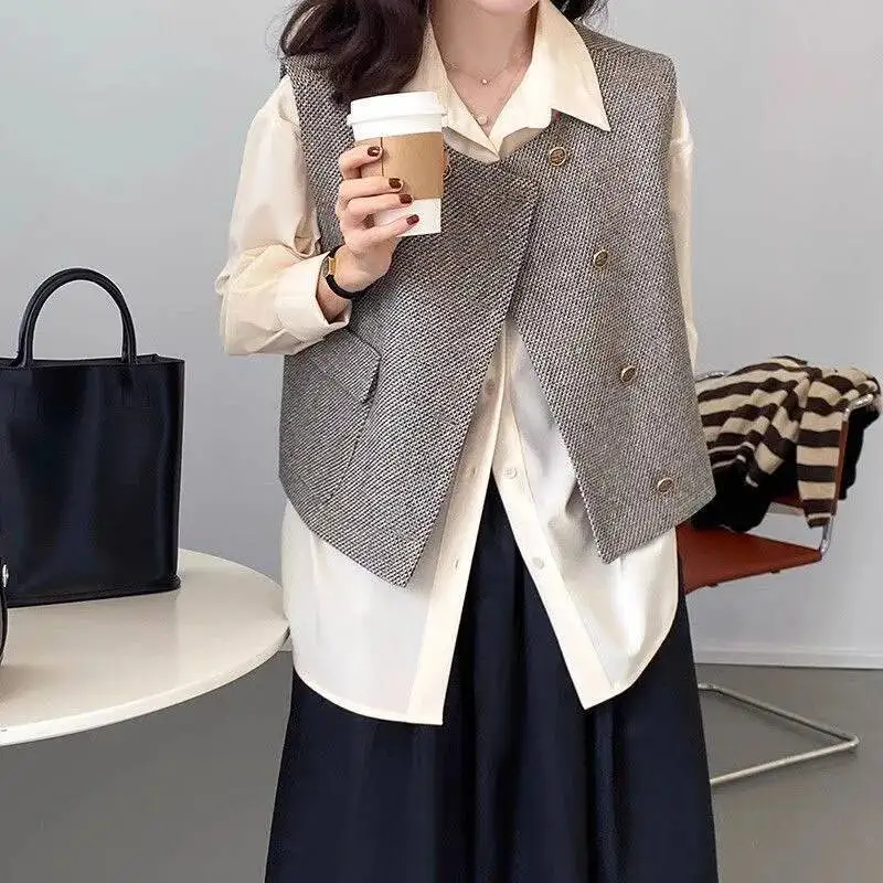 여성용 빈티지 숏 트위드 조끼, 모든 스타일에 어울리는 더블 브레스티드 민소매 탑, 가을 신상 스트릿웨어 웨스트코트