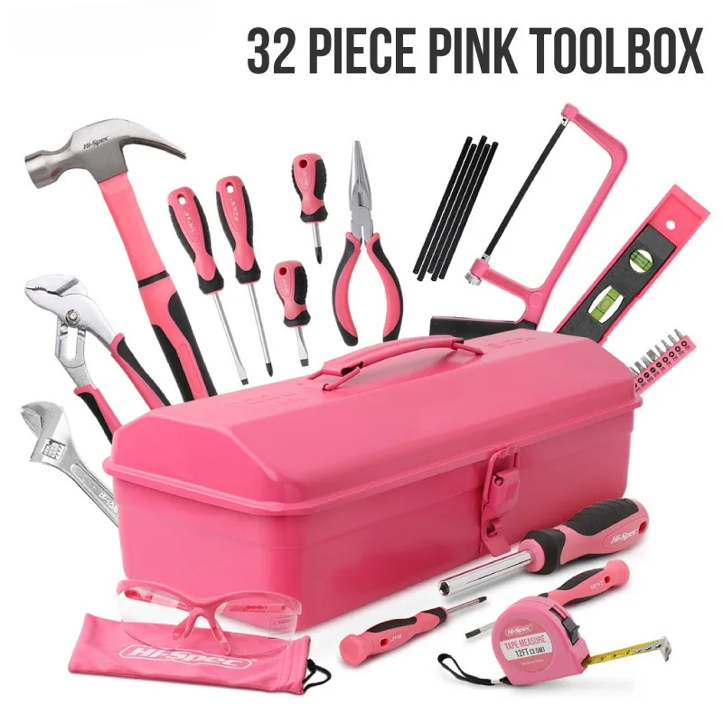 

32 шт./компл., портативный набор бытовых инструментов, розовый бытовой ящик для инструментов, молоток, ключ, аппаратные средства