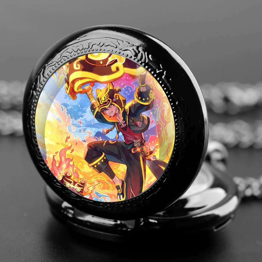 Virtual Game Protagonist Glass Dome Quartz Pocket Timepiece Wear-Proof Chain Arabic Numeral Dial Optimal Halloween Presents