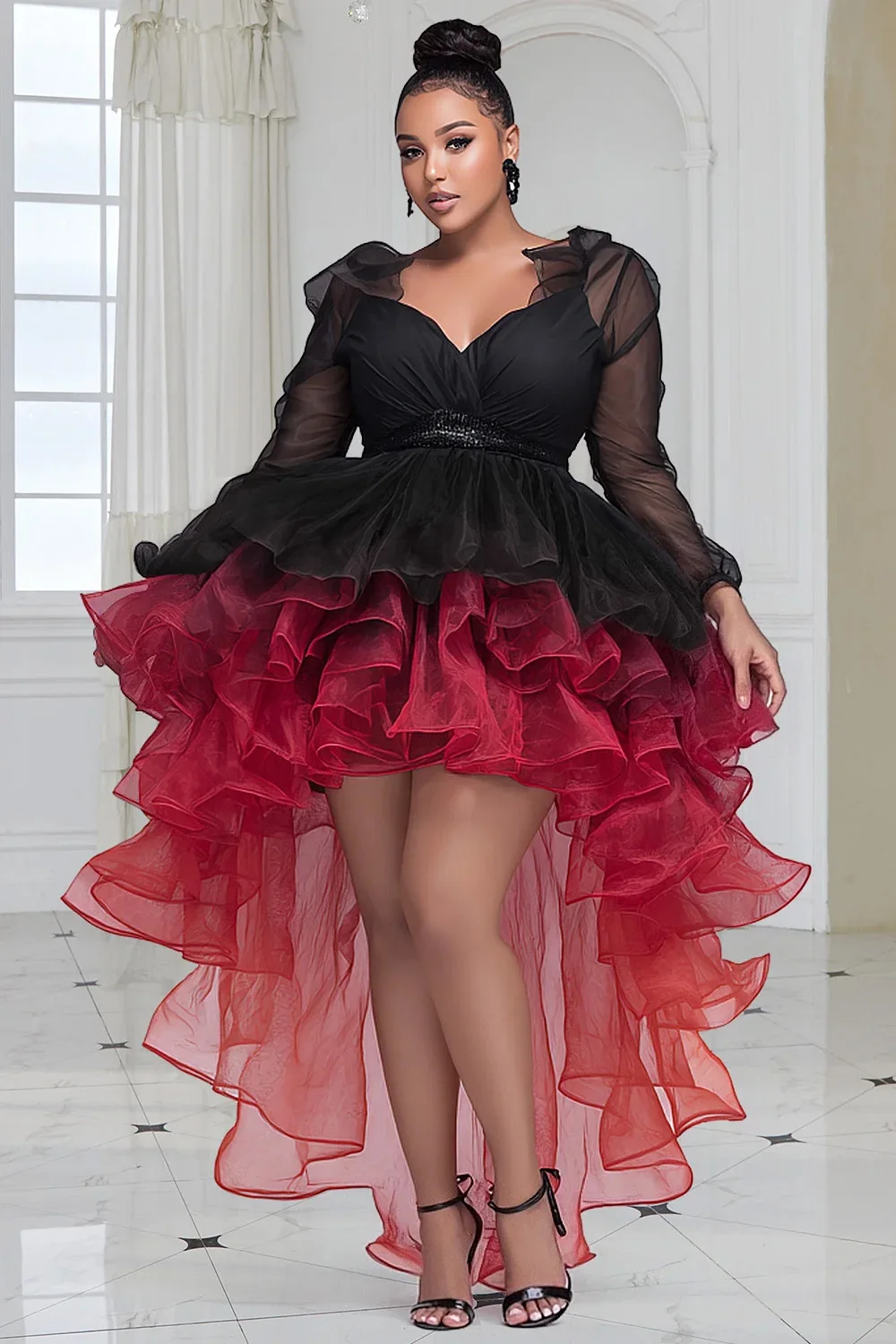 

Plus Size Party Black Gradient V Neck Long Sleeve High Low Hem Elegant Ruffle Tulle Mini Dresses
