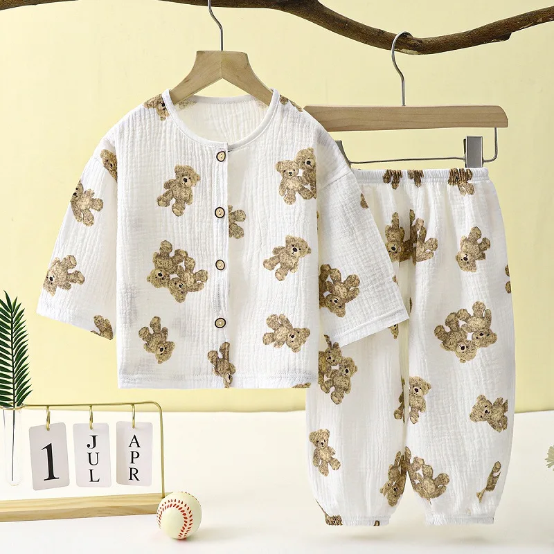Lightweight Double Layer Cotton Muslin Sleepwear Long Sleeve Clothes Sets For Girls and Boys Summer Home Clothes
