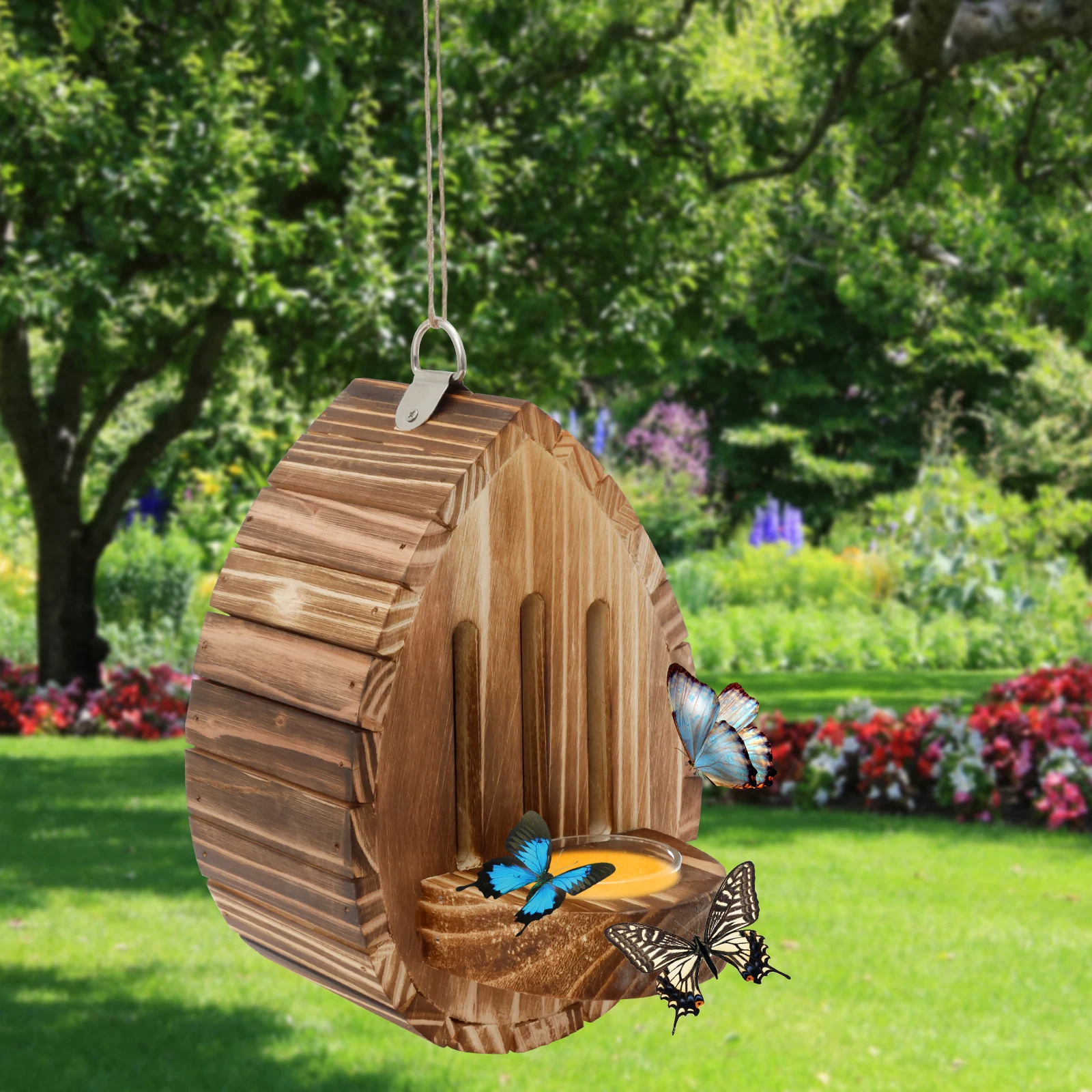 Hanging Wood Bee House Butterfly Feeder with Rope Multifunctional Moth Feeder Decorative Bee Nesting Box for Garden Patio