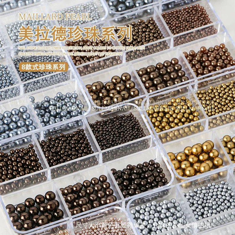 6 Grids Winter Nail 3D Maillard Pearl Manicure Mixed Size Beads DIY Nails Decoration Nail Art Champagne Crystals Accessories