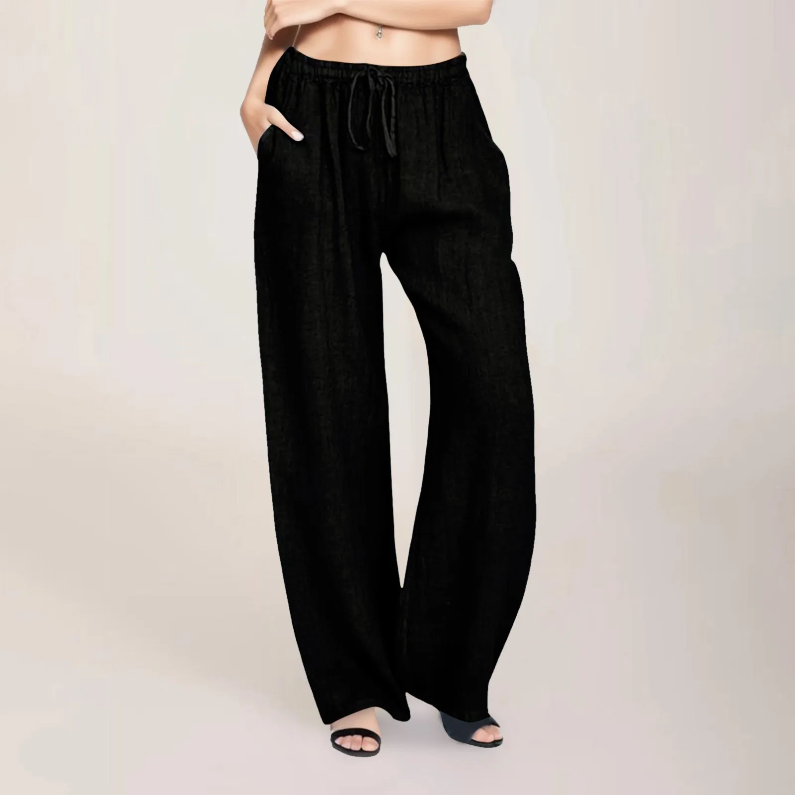 

New Women's Solid Colour Casual Pants Cotton Linen Drawstring Loose All-match Comfortable Casual Wide Leg Long Pants 여성바지