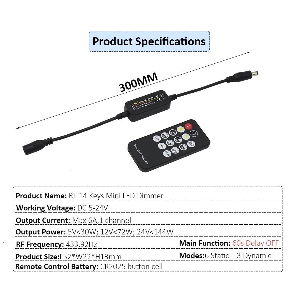 DC12V LED Dimmer 24V 5V 6A Mini RF Wireless 14Keys 2.4G Remote Control For 2835 5050 Single Color LED Strip Lights Dimmer Switch