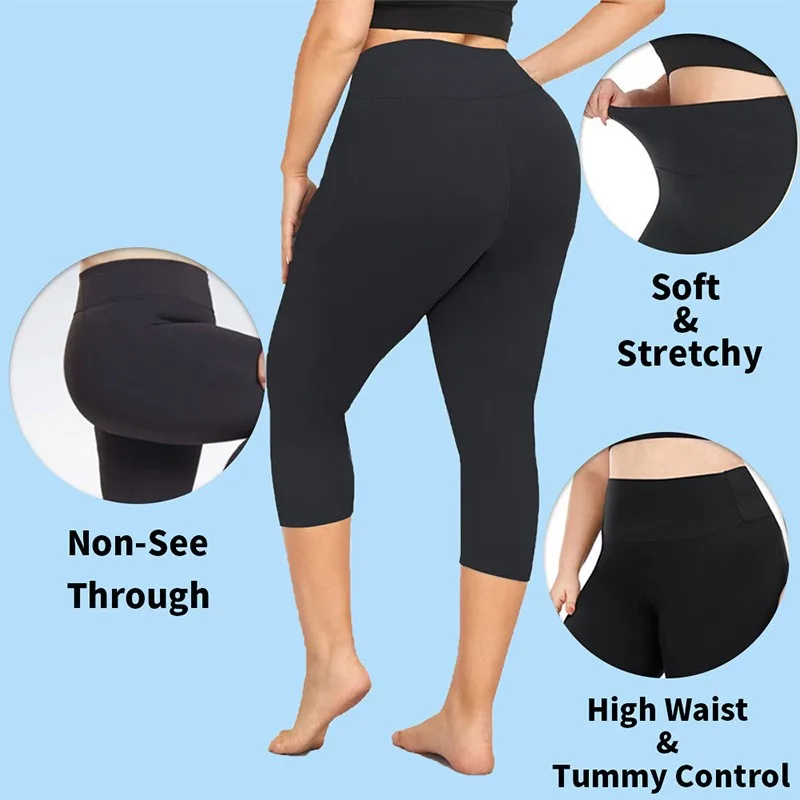 Black High Waist Leggings Thin Capri Solid Color Yoga Pants Butt Lifting Seamless Tights Olive Green Tummy Control Workout
