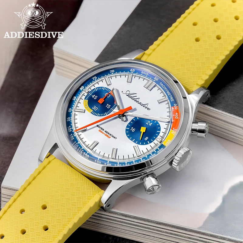 ADDIESDIVE nuevo cronógrafo de goma de flúor Reloj de cuarzo de lujo para hombres VK64 vidrio abovedado 100M relojes de moda impermeables AD2529 Reloj