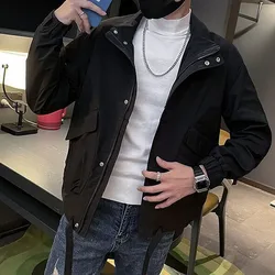 Spring and Autumn Fashion Trend Solid Color Standing Neck Handsome Versatile Jacket Casual High Street Men's Long Sleeve Jacket