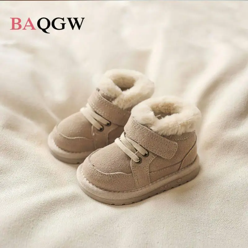 Winter Baby Boots Unisex Leather Cute Warm Plush Rubber Sole Toddler Kids Sneakers Fashion Little Boys Girls School Boots