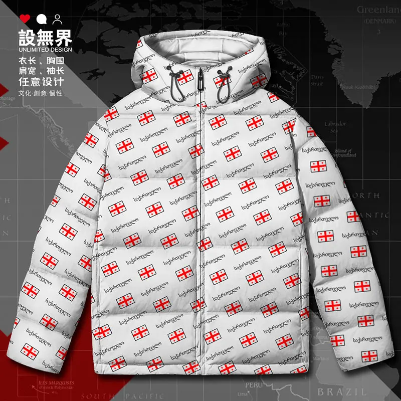 Georgia GEO Georgian country flag White duck down Jackets clothes Comfortable Man Outdoor Hooded stand collar Winter down coat