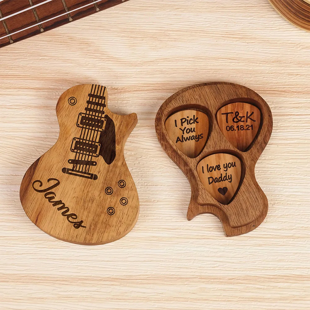 Custom Guitar Picks With Box Wooden Storage Personalized Plectrum Case Gift for Man Guitar Pick Holder Wedding Groomsman Favours