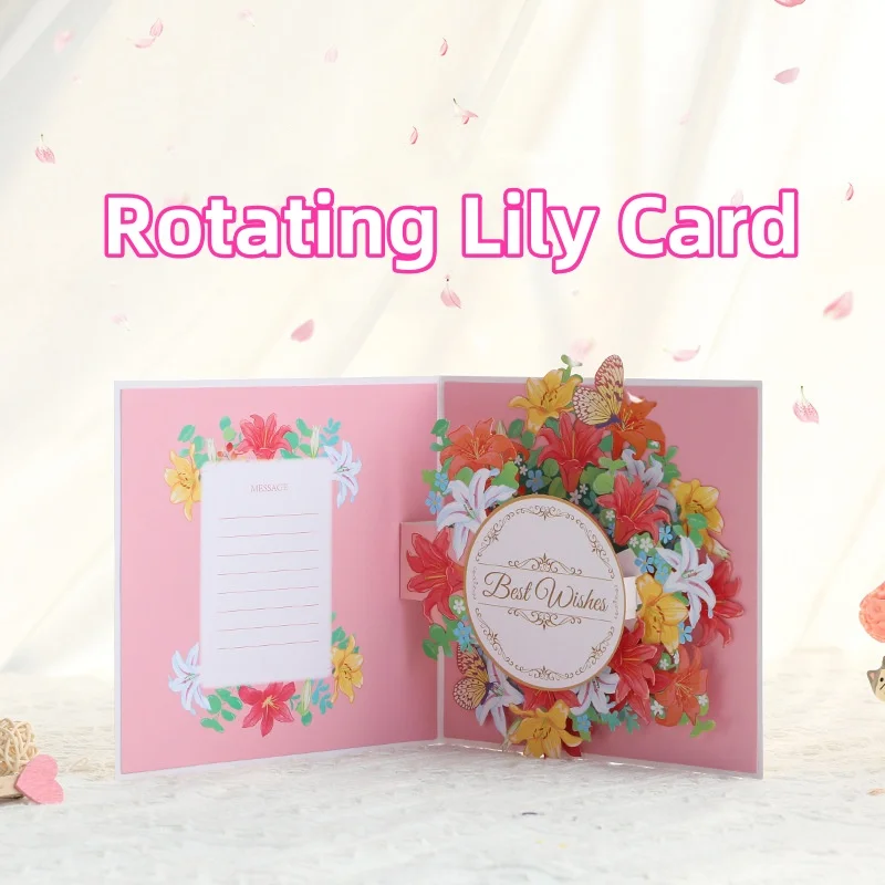 

Creative 3D Pop Up Card Carousel Lily Festival Blessing Gift with Writable Message Card Teacher's Day,Birthday,Wedding Blessing