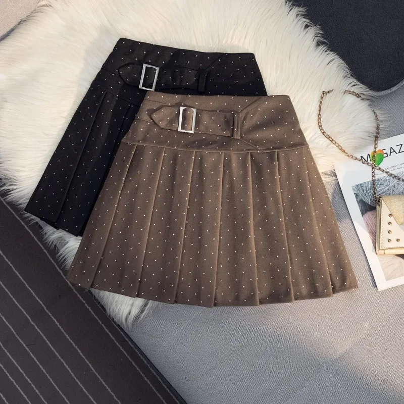 Women High Waist Polka Dot Pleated Mini Skirt Wool Blend A Line Anti Chafing Skirt