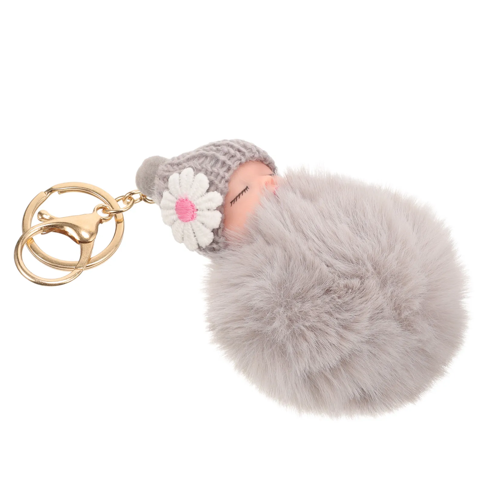 Dormindo bebê bola pompom chaveiro luz cinza encantador bolsa carro carteira pingente novidade chaveiro presente para mulher
