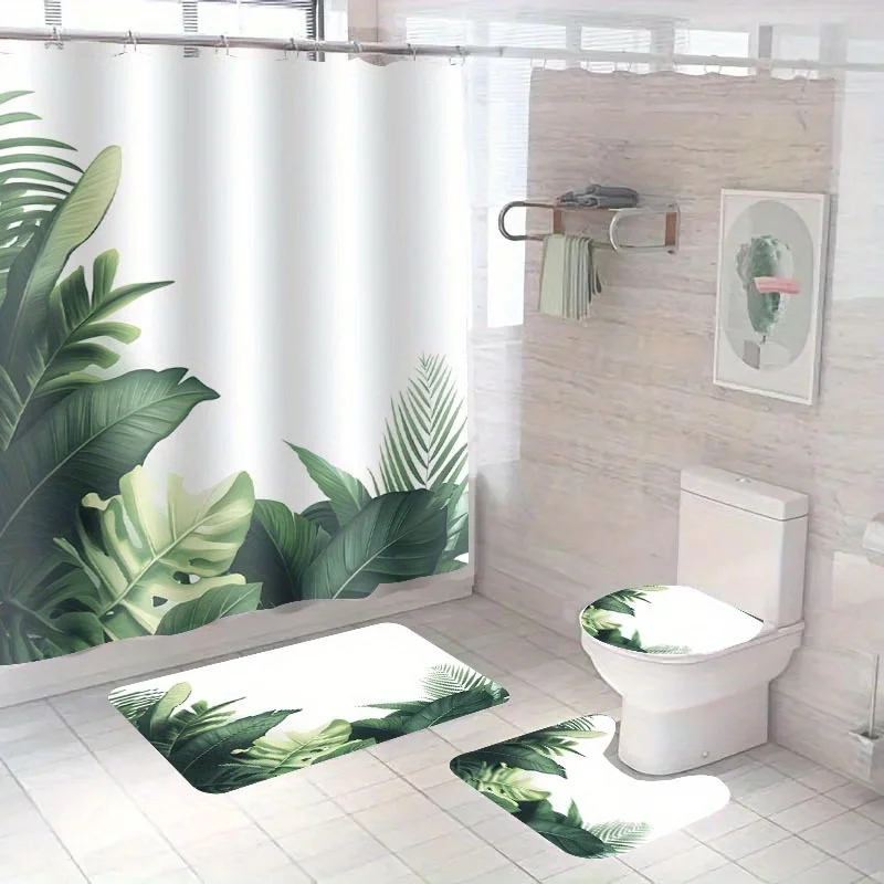 

4 шт. Элегантный комплект для ванной комнаты с зеленым принтом листьев, полиэфирная ткань, нескользящий коврик, U-образный коврик, коврик для сиденья унитаза, занавеска для душа