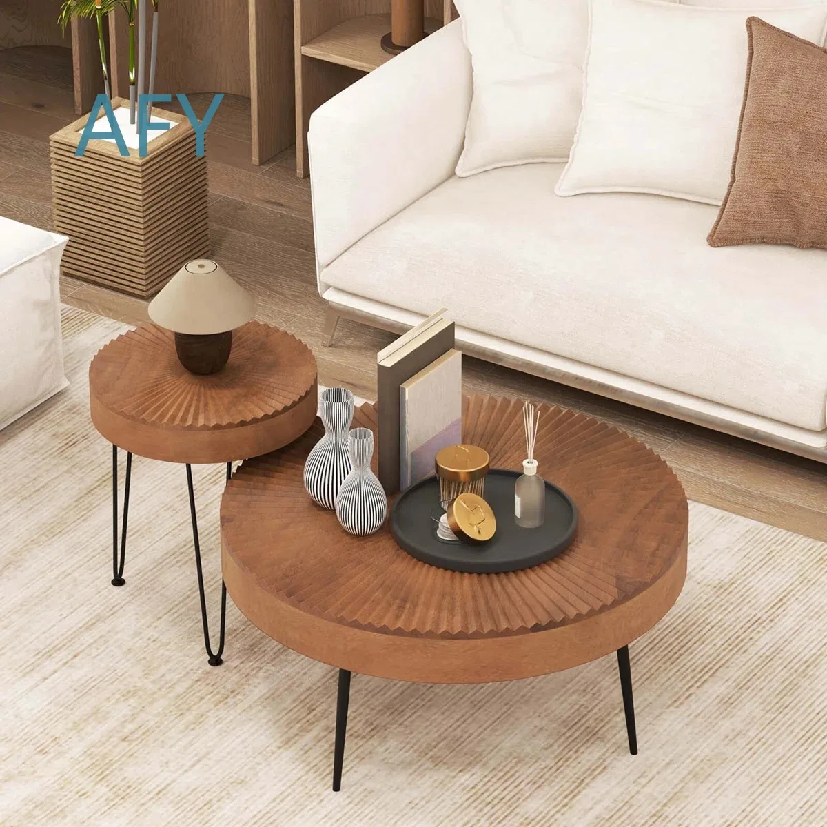 Wooden Round Split Coffee Table Set for Living Room Modern Minimalist Nesting Tables for Small Spaces for Home Office for