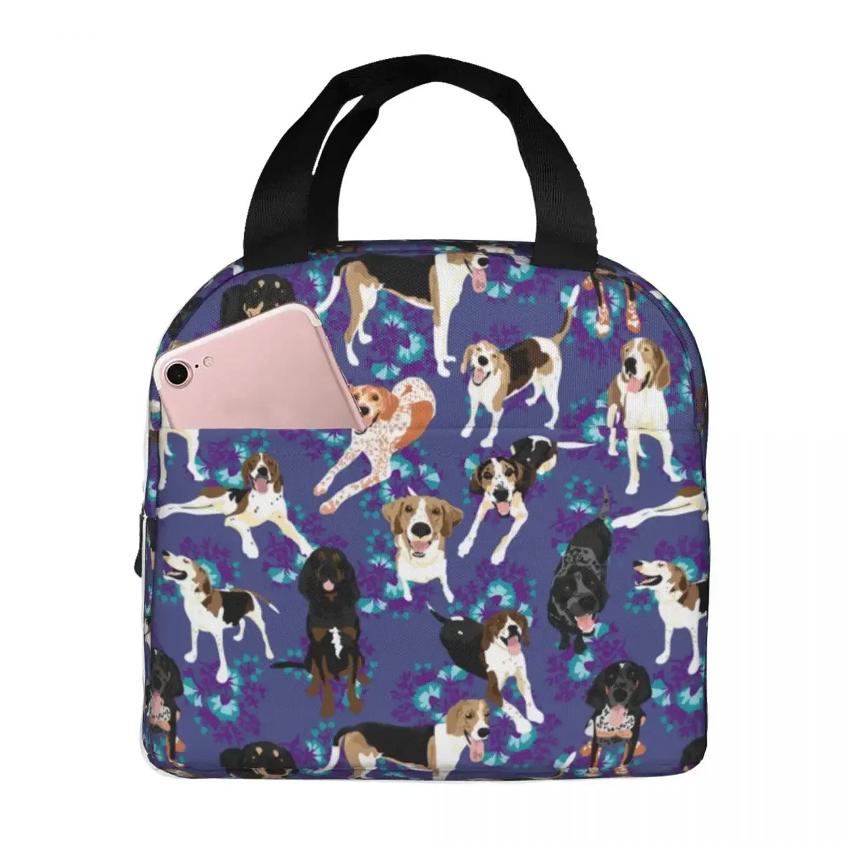 Lunch Bags for Men Women Coonhound Floral Blue Dog Thermal Cooler Portable Picnic Travel Animal Lunch Box Food Storage Bags