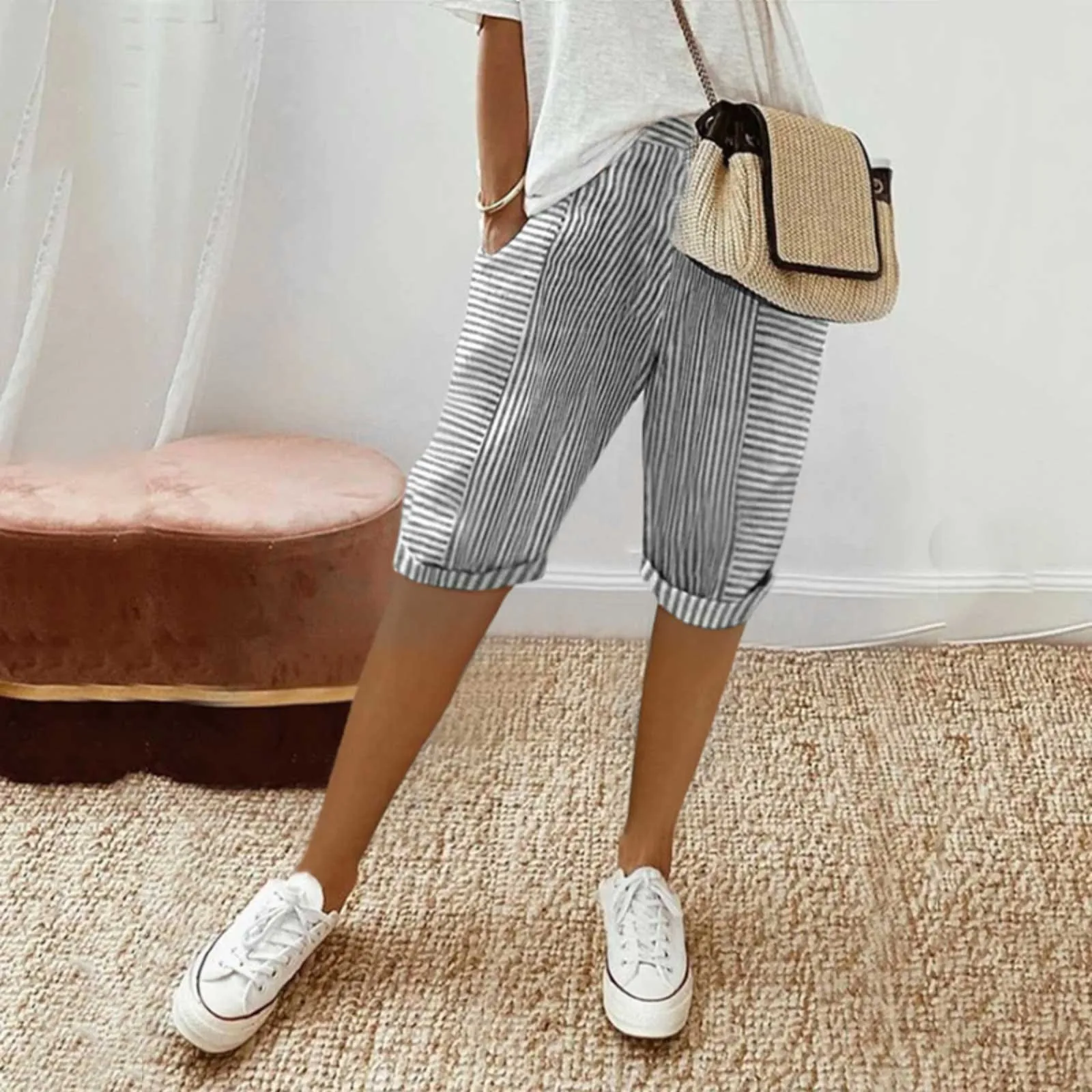 Summer Women\'s Shorts Fashion Versatile Comfortable Casual 2024 New Female Jacquard Stripe Panel Design Loose Trousers Pantalon