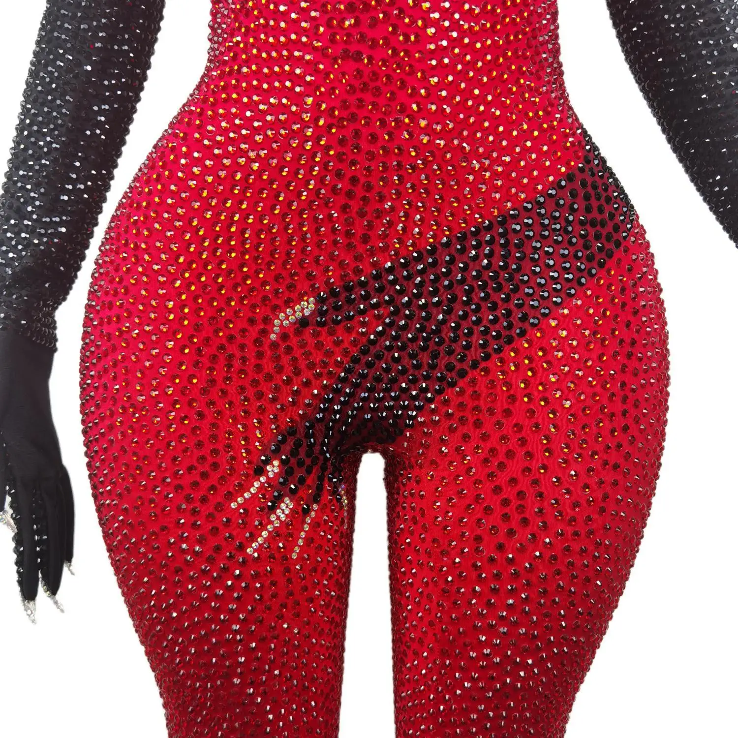 Sparkly Red Rhinestone Jumpsuit Black Hand Gloves Women Celebrate Tights Performance Costume Singer Show Stage Wear 2024 Heishou