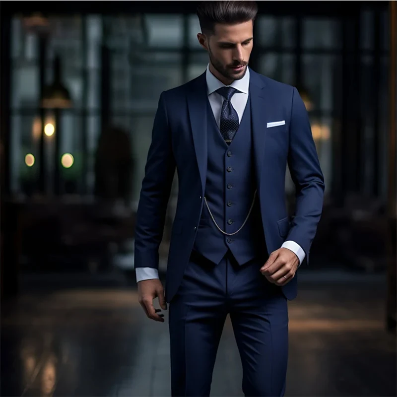 

Elegant Blue Men Suits Single Breasted Notch Lapel Blazer Slim Fit Male Clothing Luxury 3 Piece Jacket Pants Vest Wedding Outfit