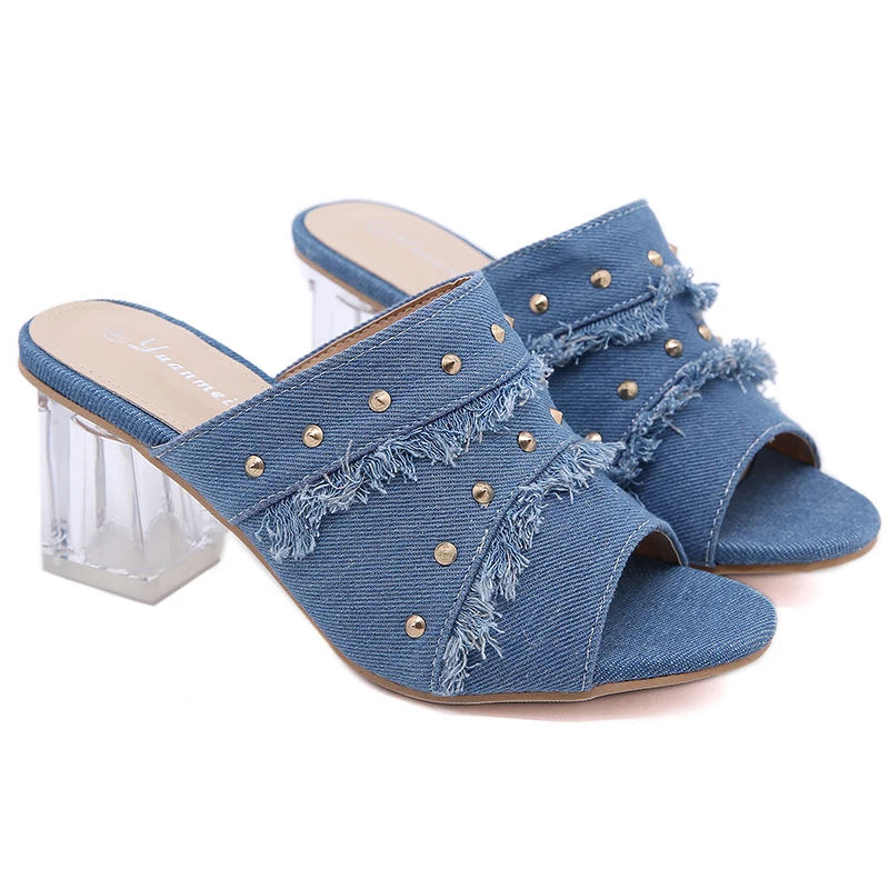 Denim Stud przezroczyste wysokie obcasy buty damskie kapcie peep toe jeans nit slingback kobiety sandały slip on femmes sandalias