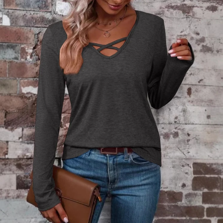 Loose for Fit Solid Color Womens Long Sleeve Shirt with For Cross Tie for Casual Wear All Seasons Spring Winter