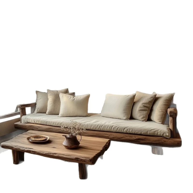 

Log sofa wabi sand solid wood homestay large flat floor creative log color living room solid wood straight row sofa