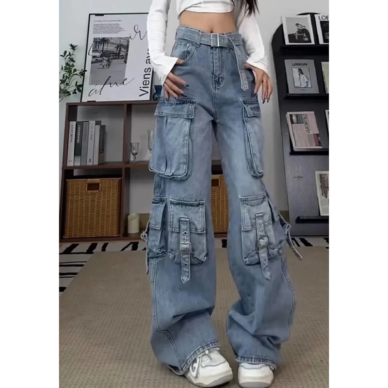 

American Heavy Duty Multi-Pocket Jeans Loose Fit High Waist Street Vintage Cargo Pants Hip Hop Lazy Harajuku Y2K Denim Trousers