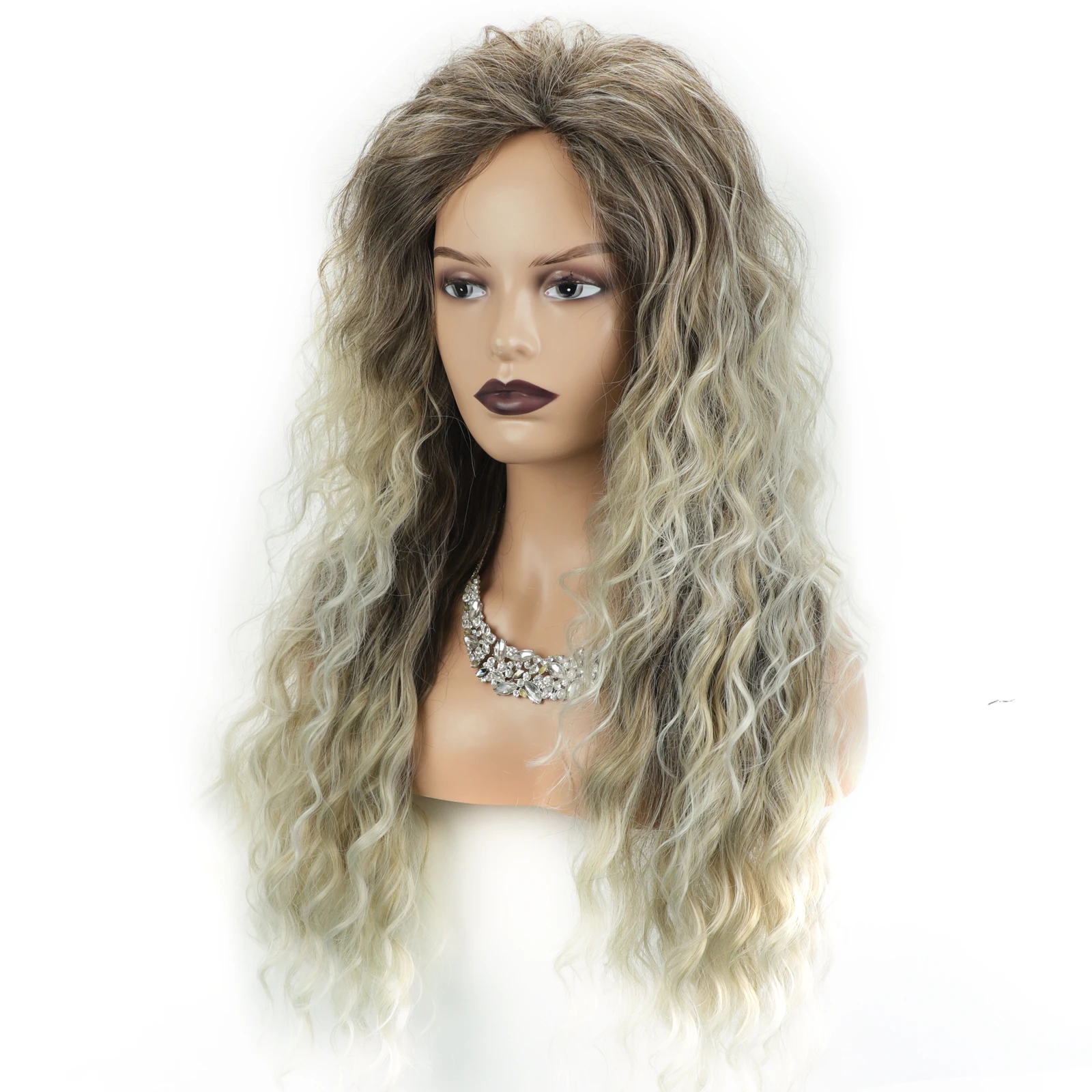 Women\'s Long Curly Synthetic Wig with Side Bangs Fashion Blonde & Brown Water Wave Hair Costume Party Wig for Women Perruque